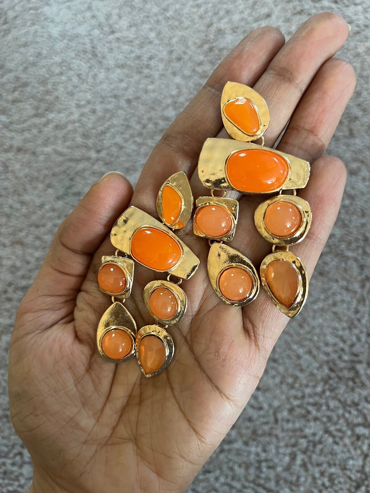 Orange Earrings Large Big Dangle Long Statement Gold Tone Vintage Style Wedding