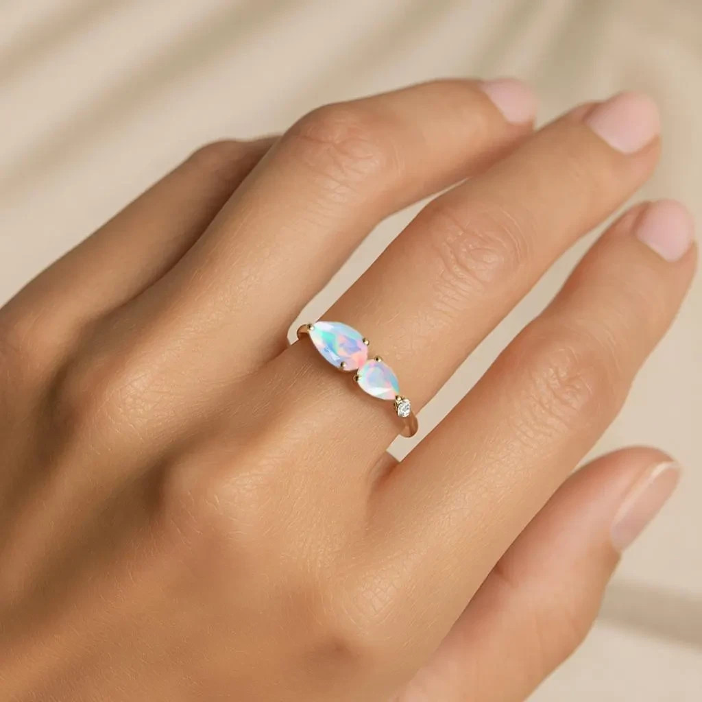 AAA Ethiopian Fire Opal Three Gemstone Stackable Ring, Natural Opal Gemstone