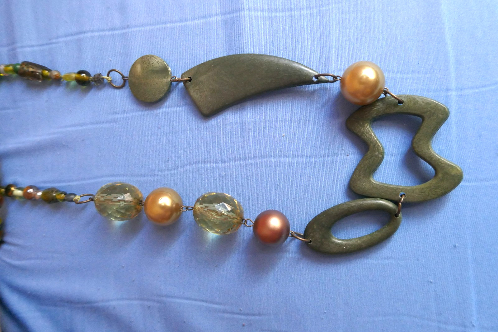 40″ Long Necklace Green Copper Gold Large Abstract Shapes Acrylic & Glass Beads