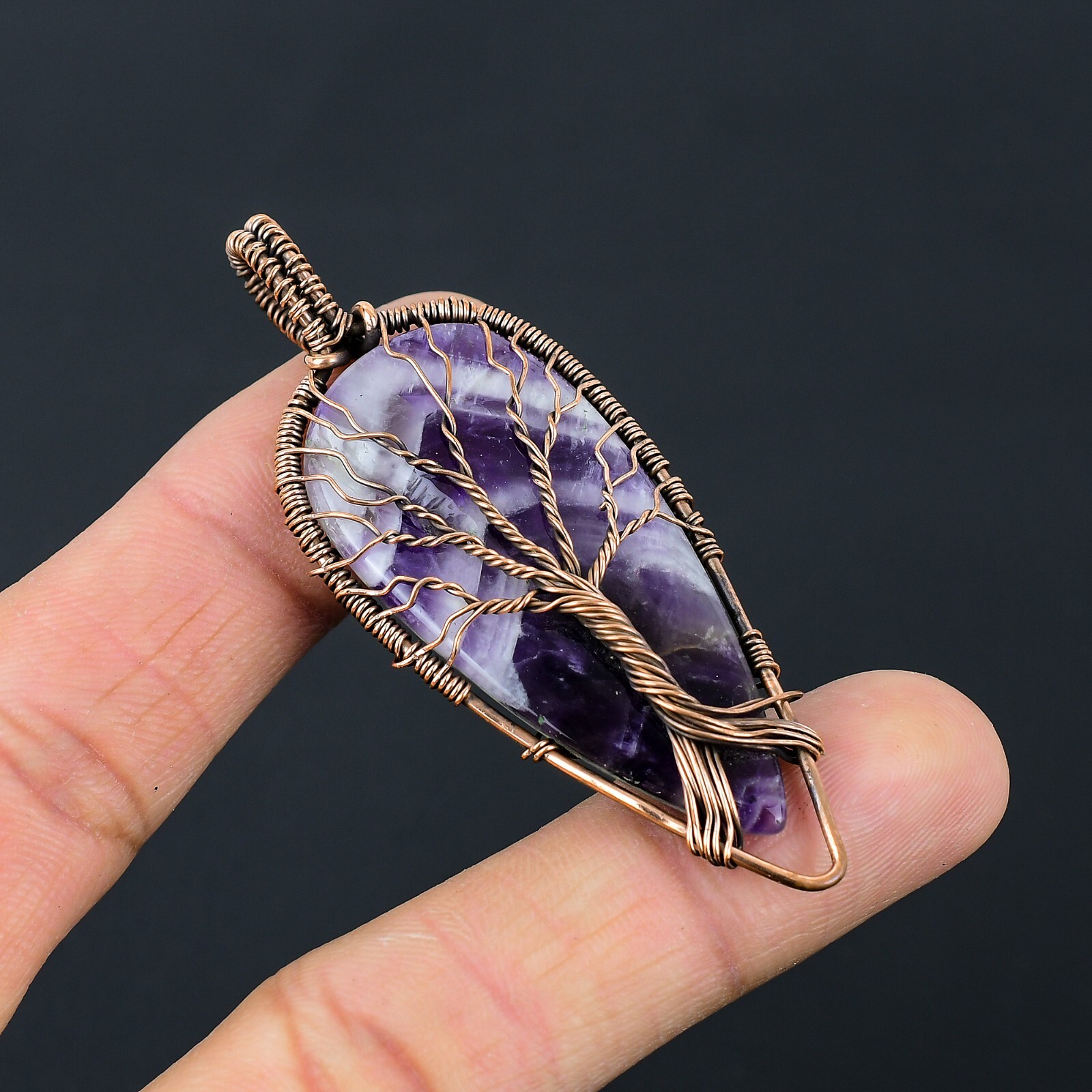 Tree of Love Amethyst Lace Agate Gemstone Copper Wire Pendant Jewelry NP-013