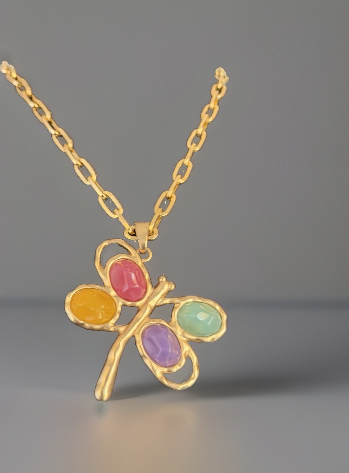 Gold Tone Paperclip Chain Link Necklace Multicolor Dragonfly Acrylic Stones 38″