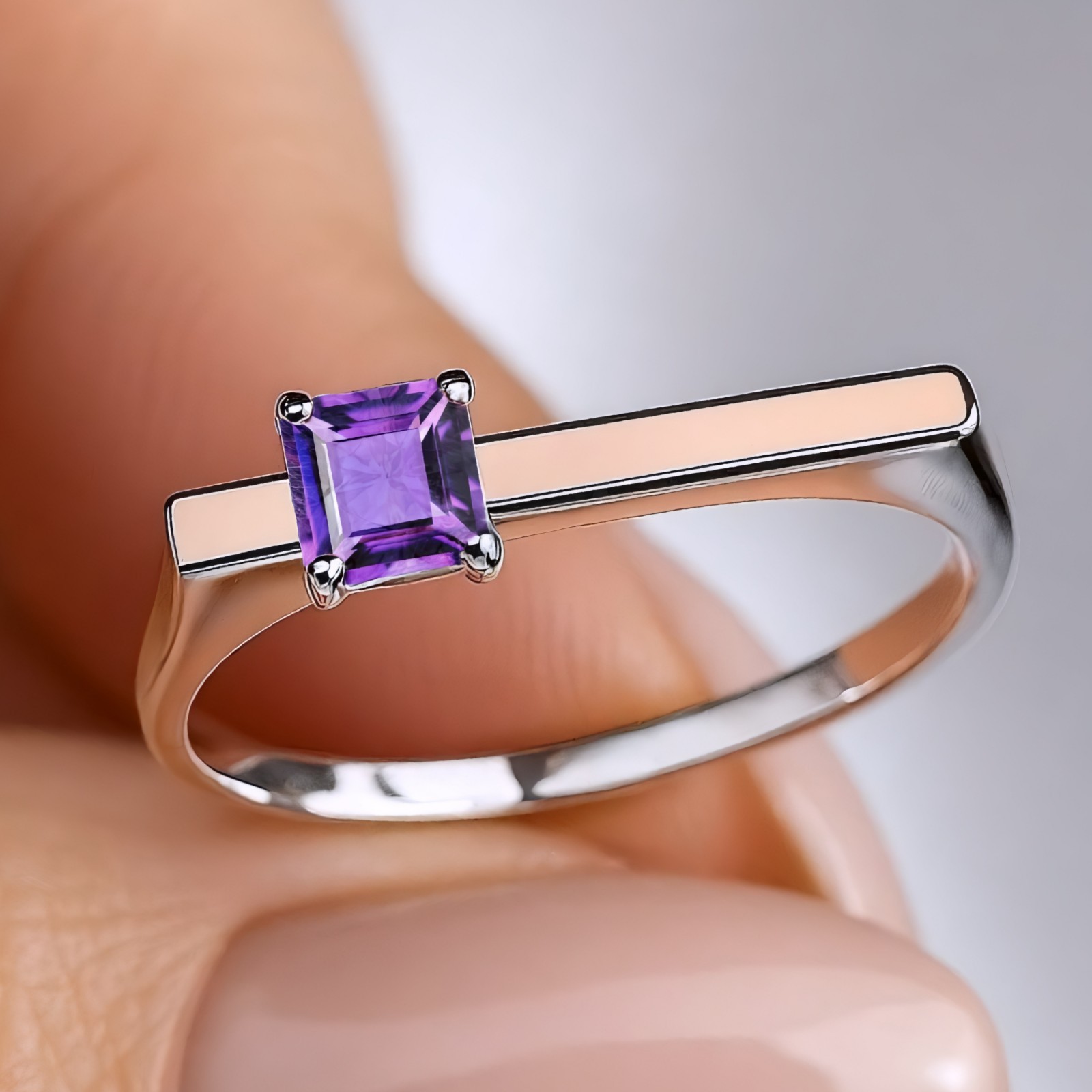 Square Cut Natural Amethyst Ring 925 Sterling Silver Minimalist Promise Ring