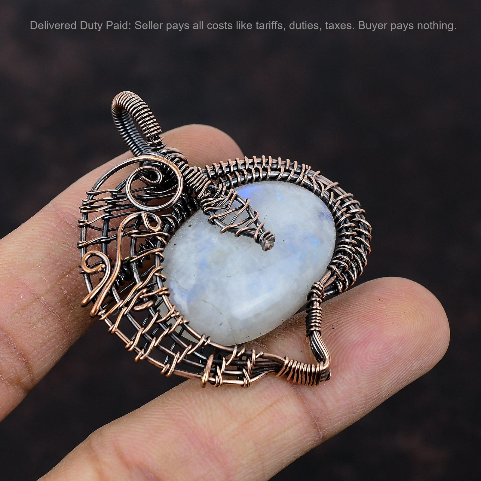 Oval Natural Rainbow Moonstone Sister Boho Handmade Wire Wrapped Pendant Copper