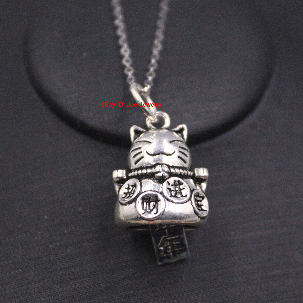 Solid 925 Sterling Silver Pendant Lucky Rich-Cat Pendant 1.10″ H With 年年有余 Charm