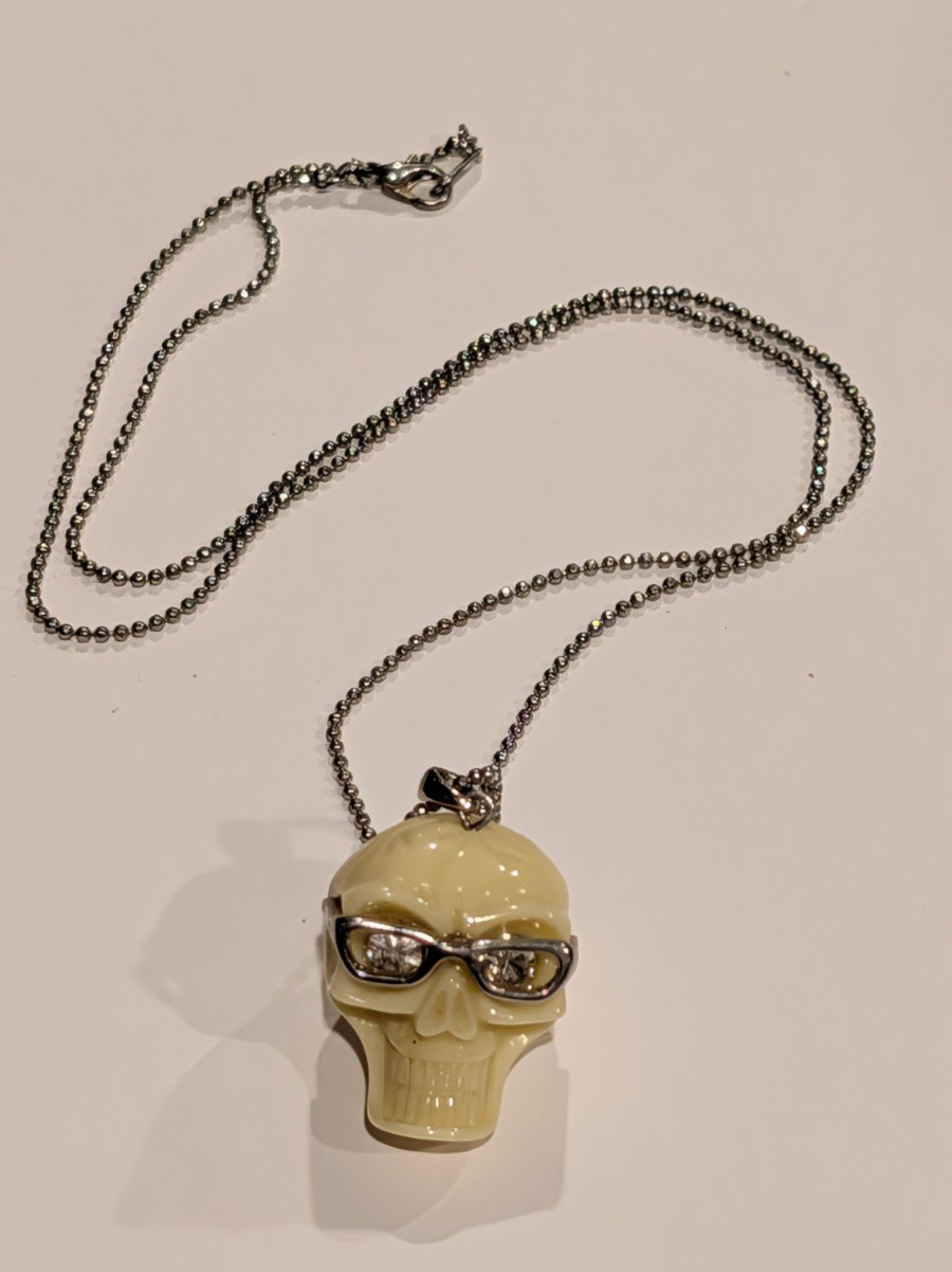 GothicIvory Skull Charm Pendant Necklace, Silvertone W/Rhinestone Eyes & Glasses