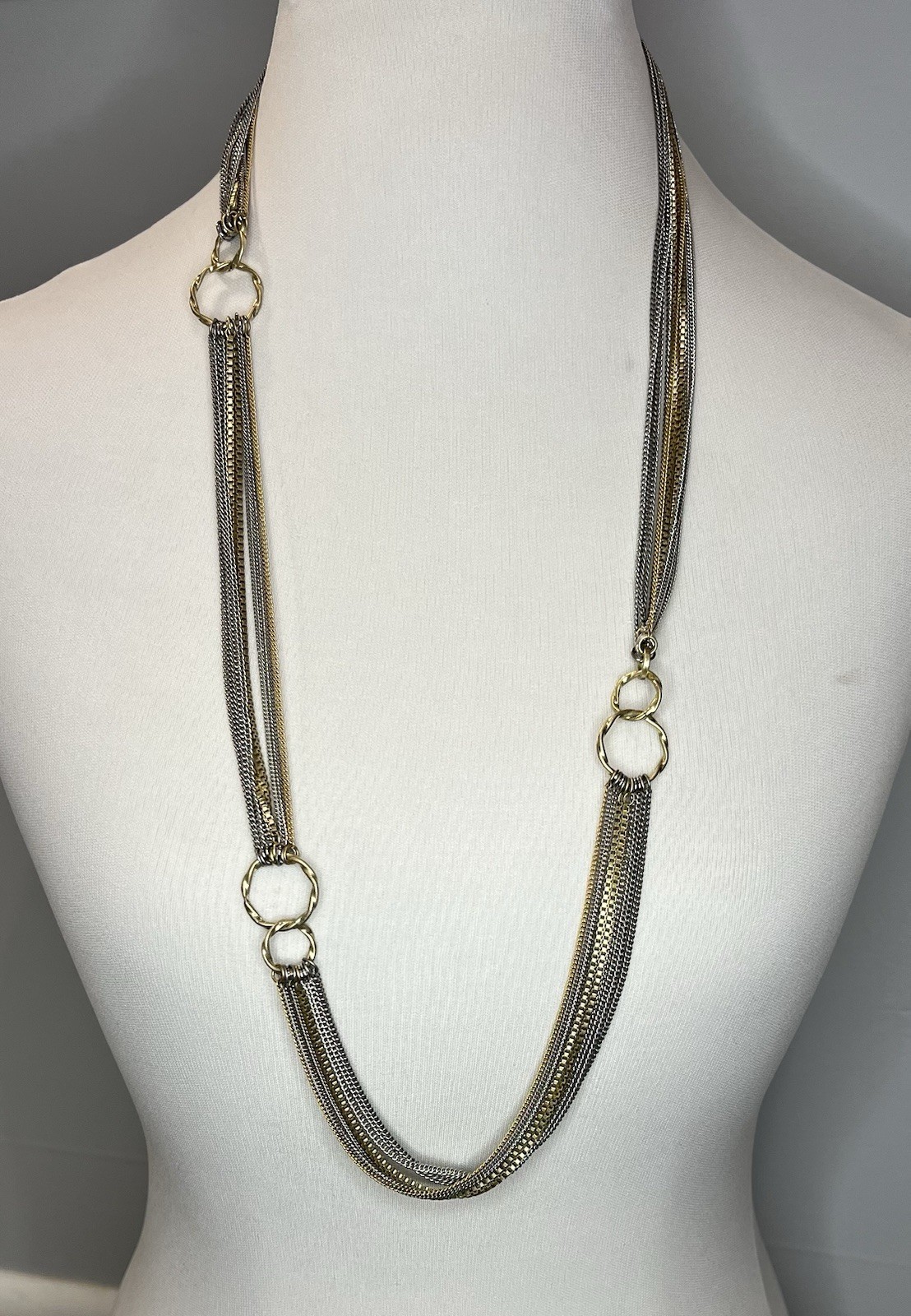 Lia Sophia Gold and Silver Tone Multi Strand 36” Necklace Curb & Box Chains EUC