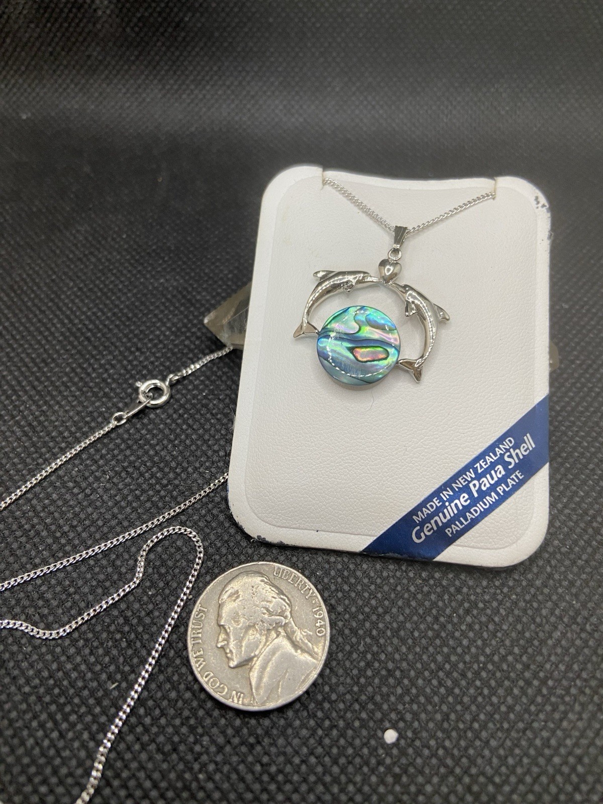 Vintage Ariki Palladium Plated Dolphins & Moon of Genuine Paua Shell Necklace