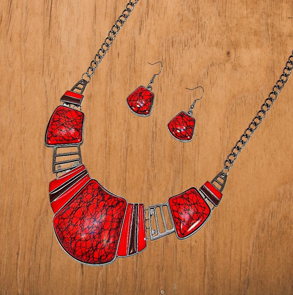 Red and black necklace and earring set, women’s large statement neck set New