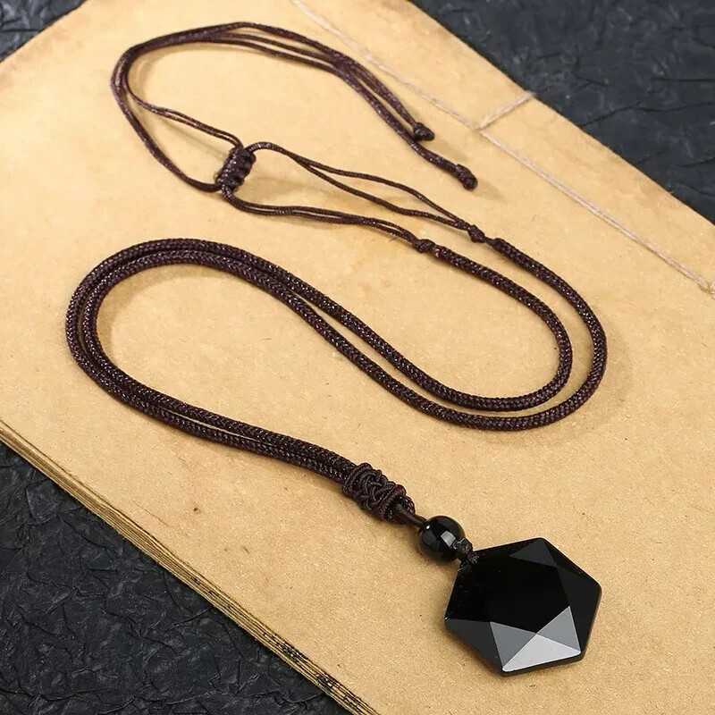 Black Obsidian Hexagonal Amulet Pendant Necklace – Reiki Healing Protection
