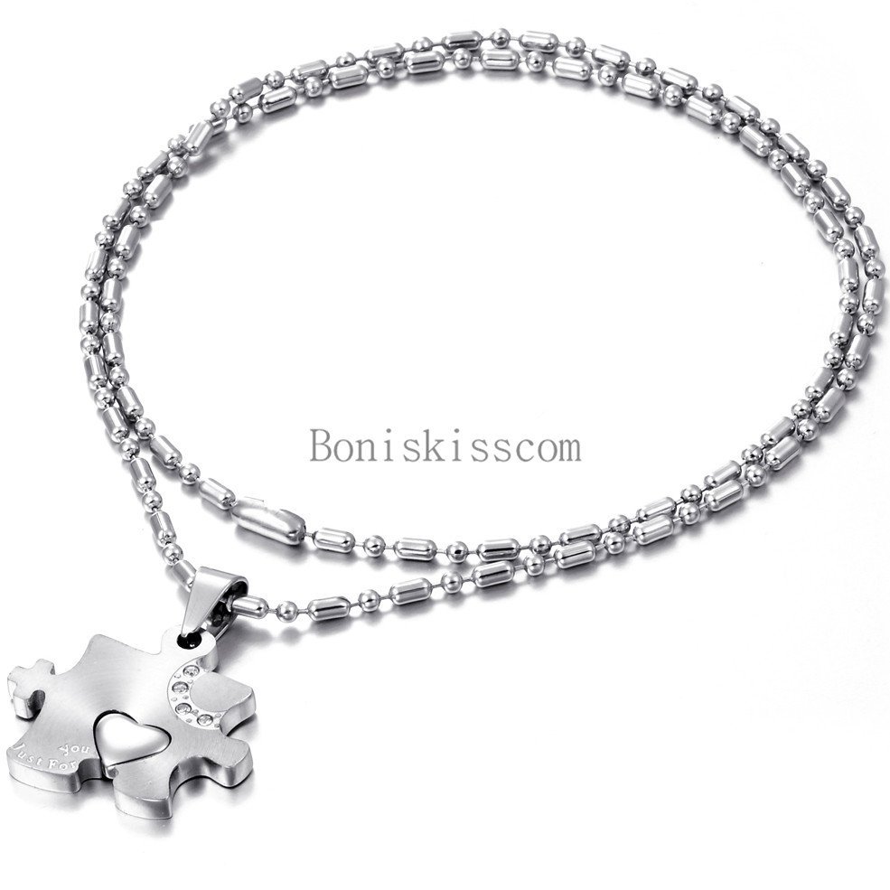 His and Hers Stainless Steel Love Heart Puzzle Pendant Couple Necklaces 1 Pair