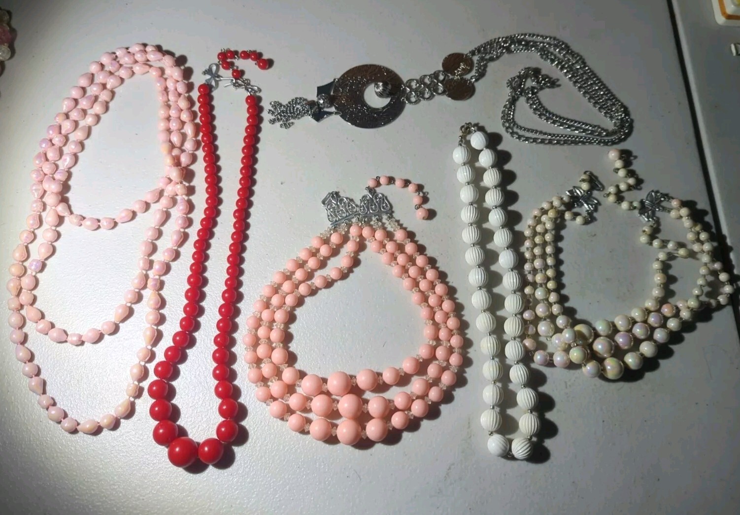 Assorted Metal & Plastic Costume Jewelry ~ Pink, Red, White, Gray ~ 6 Pieces