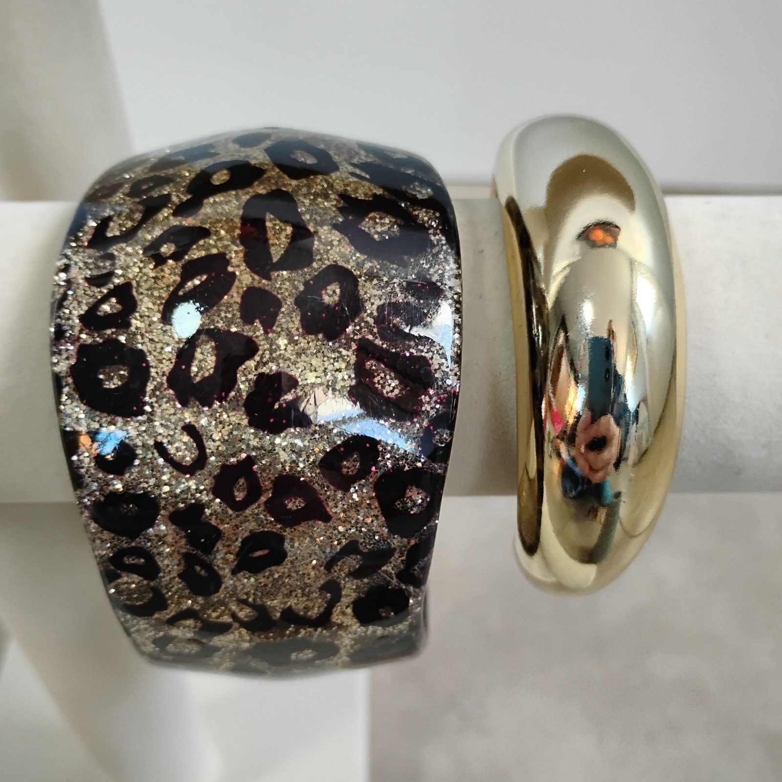 Chunky Goldtone Animal Print Glitter Bold Bangle Bracelet Lot Cuff Sz 8 Set