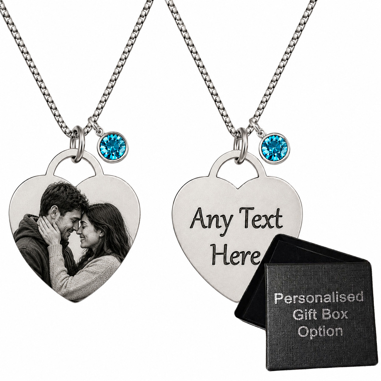 Birthstone Photo Heart Necklace with Personalised Image & Text Pendant Gift