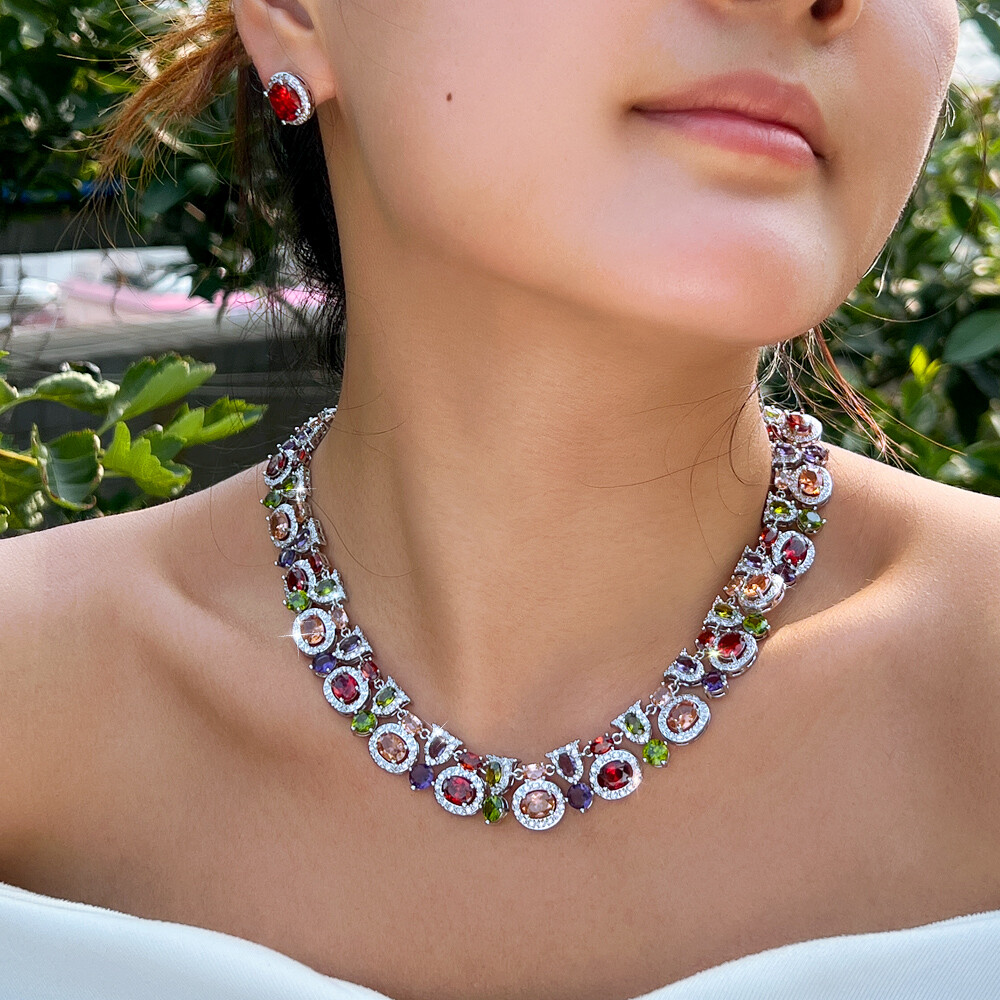 Multicolor Oval Geometric Necklace Earrings Silver Plated CZ Bridal Jewelry Set