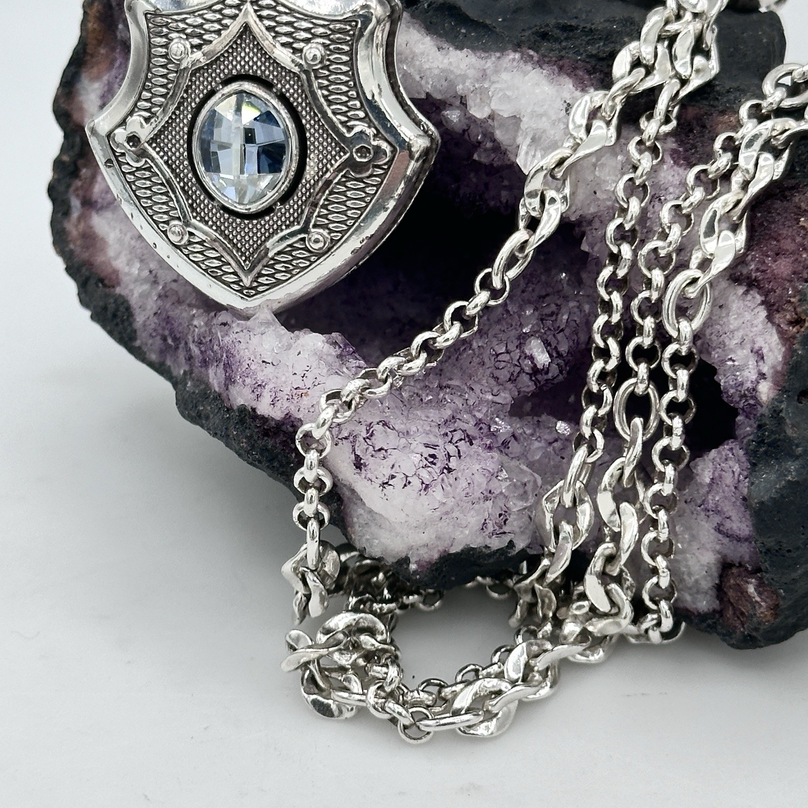 Retired Brighton Love Padlock Shield Long Necklace Swarovski Crystal 32” Adj