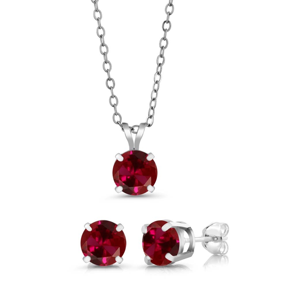 3.00 Ct Round 6mm Red Created Ruby 925 Sterling Silver Stud Pendant Earrings Set