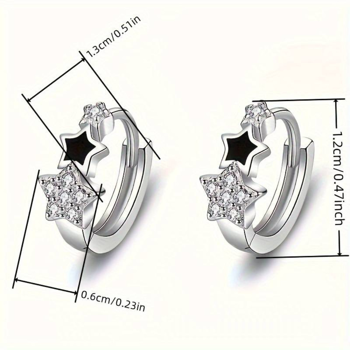 Silver Plated Huggie Hoop Earrings with Black Enamel and Cubic Zirconia Star 156