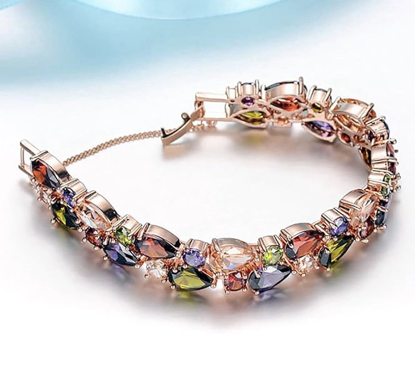 QIANSE 18K Rose Gold Plated Multicolor Lab Grown Stones Link Tennis Bracelet 7in