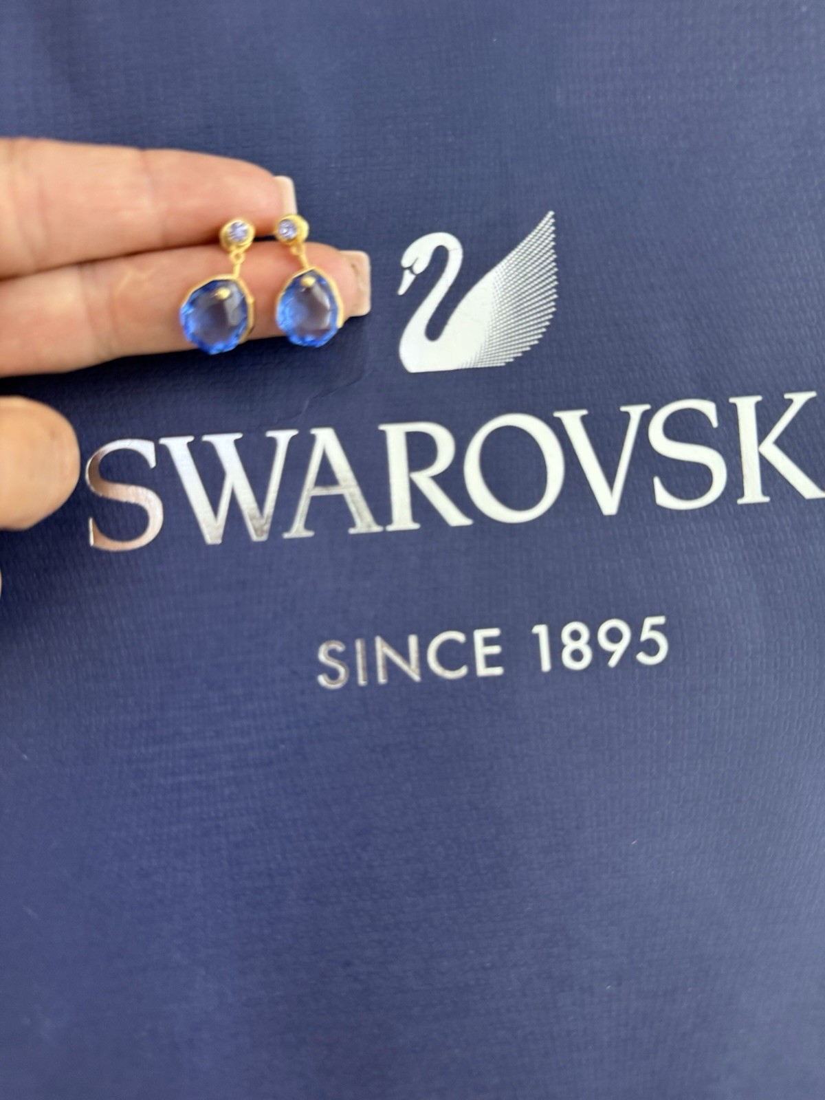 Swarovski Gema Jacket Drop Stud Earrings Blue Octagon Crystal 18K Gold Plated