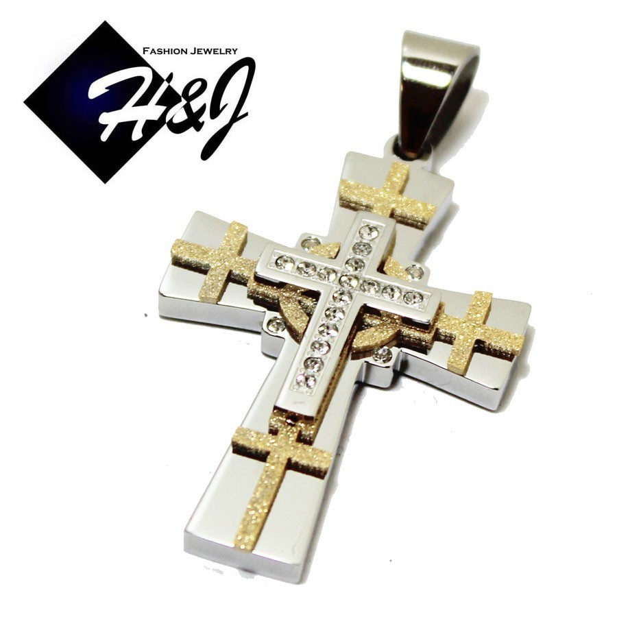 24″MEN Stainless Steel 4mm Silver/Gold Plated Box Link Chain CZ Cross Pendant*S7