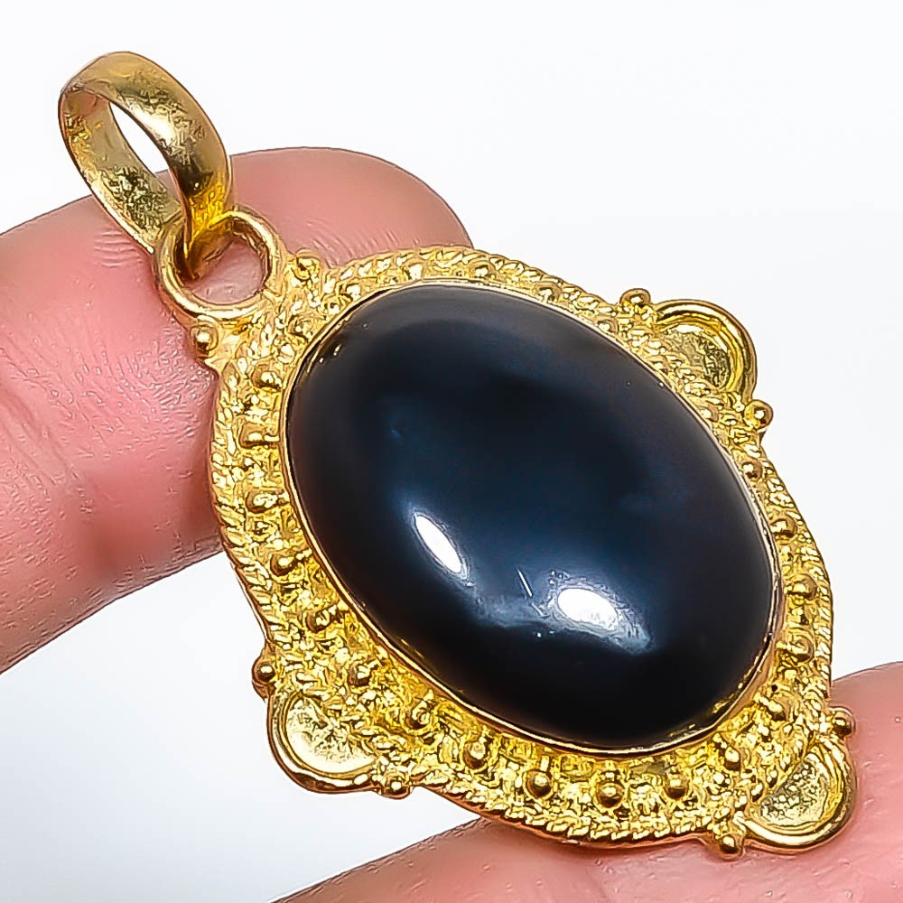 Natural Black Onyx 18k Yellow Gold Plated Pendant 1.95″ P7622-630