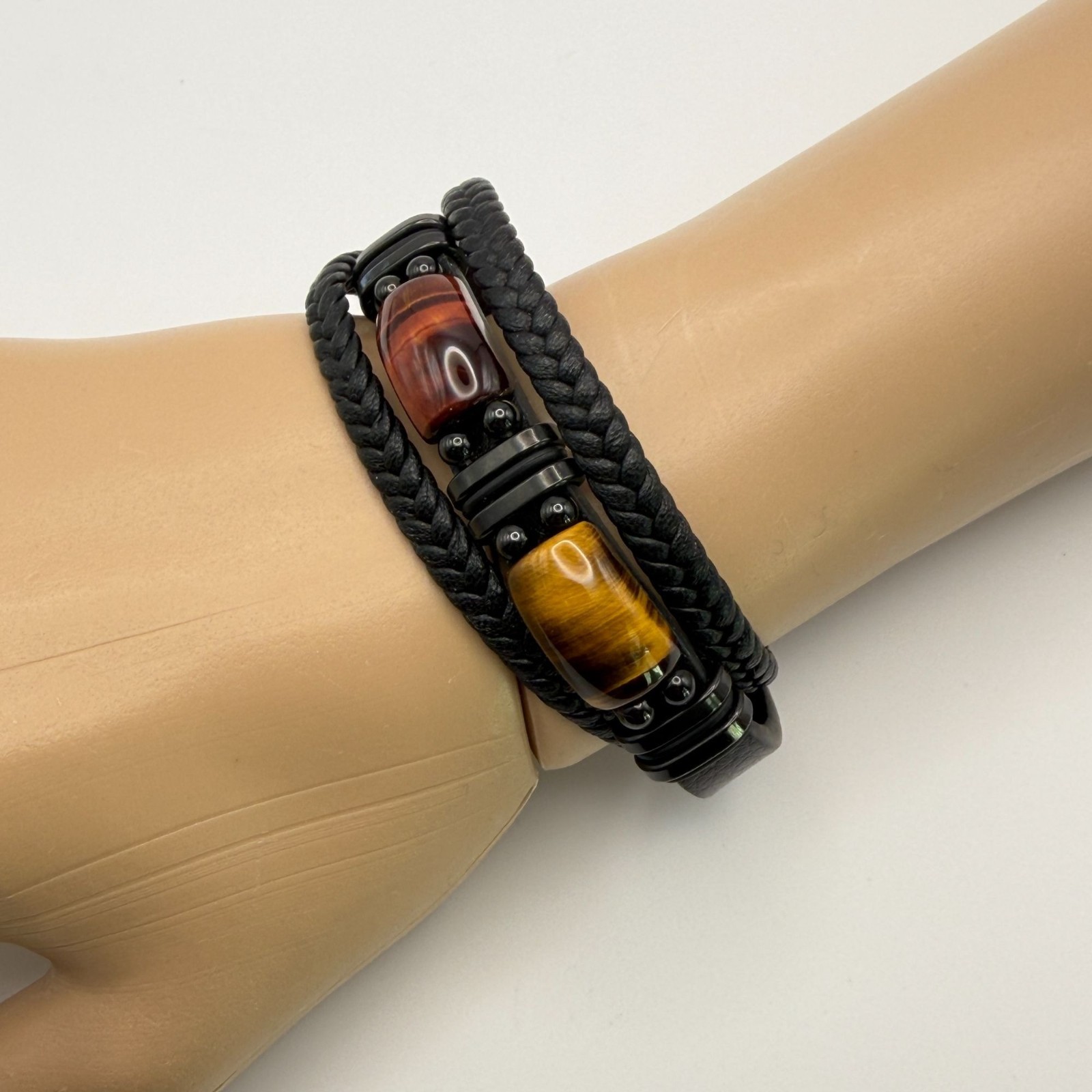 Black Braided Leather Bracelet Tiger Eye Stone Casual Earthy Boho 7 Inch