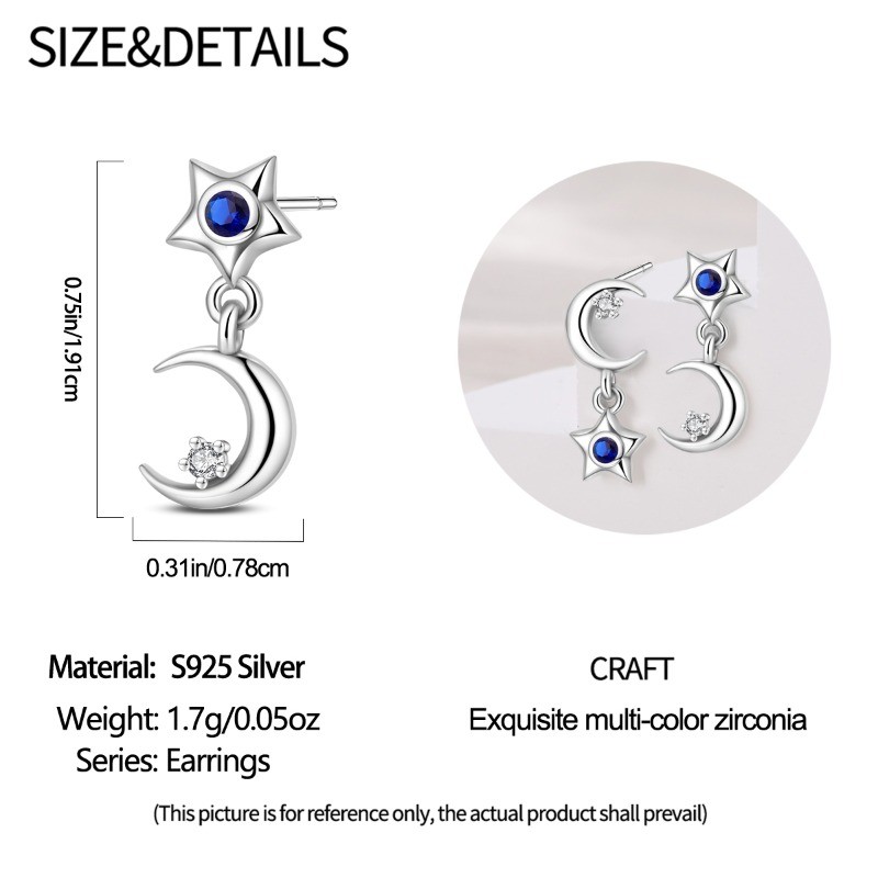 KUNSIR 925 Sterling Silver Mini Asymmetric Star Moon Stud Earrings Women Jewelry
