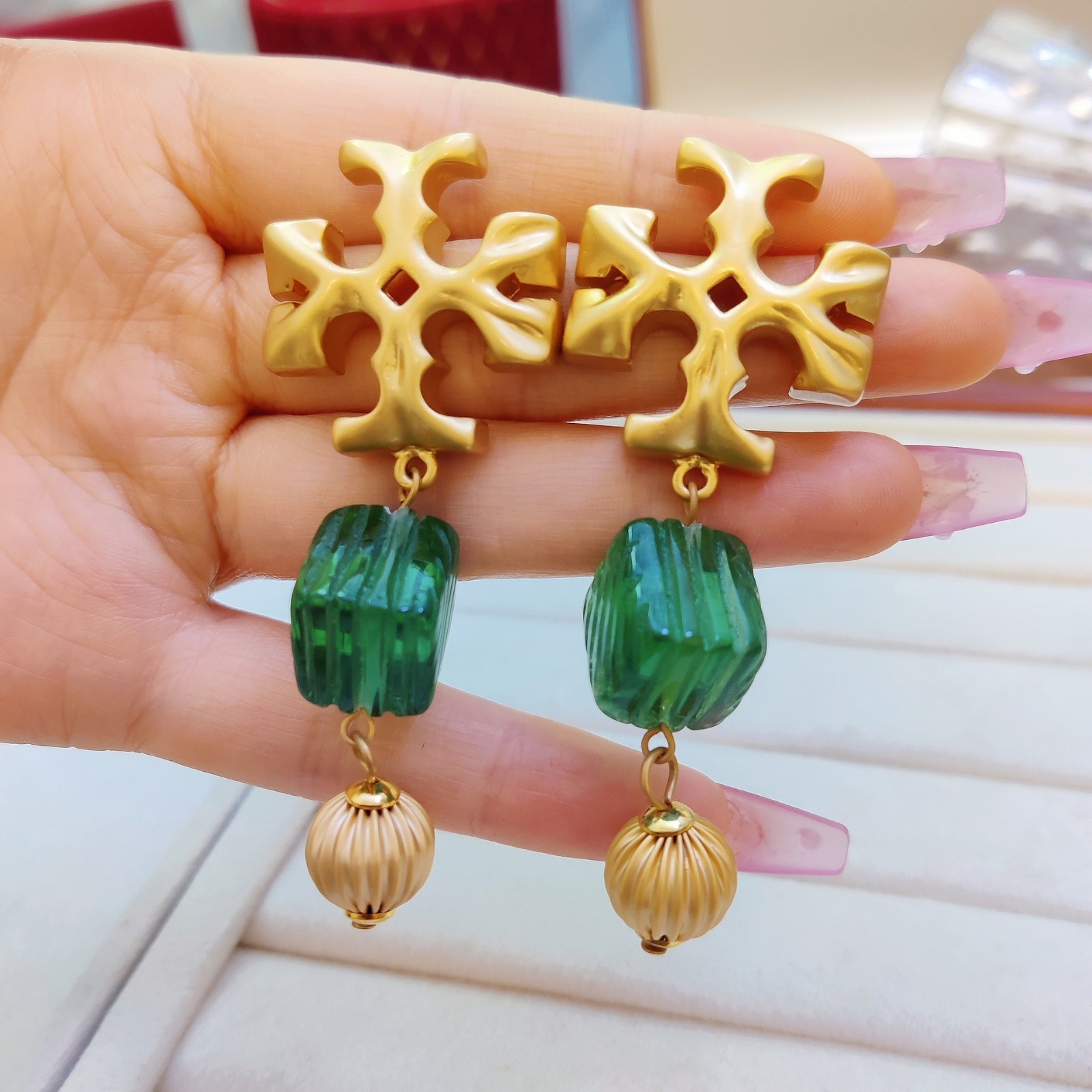 New Burch Roxanne Azure Green 18K Gold Plated Double Drop Clip-On Earrings