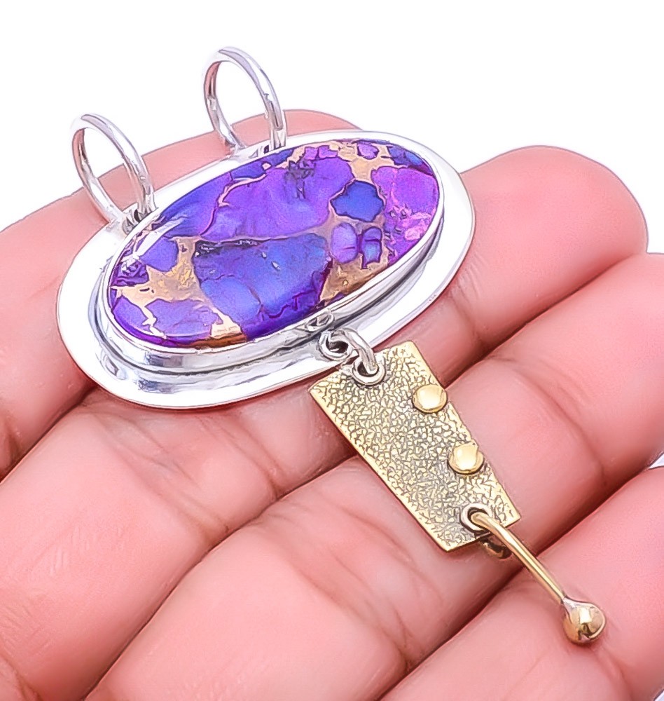 Copper Purple Turquoise 925 Sterling Silver Two Tone Pendant 2.34″ P9243_79_16