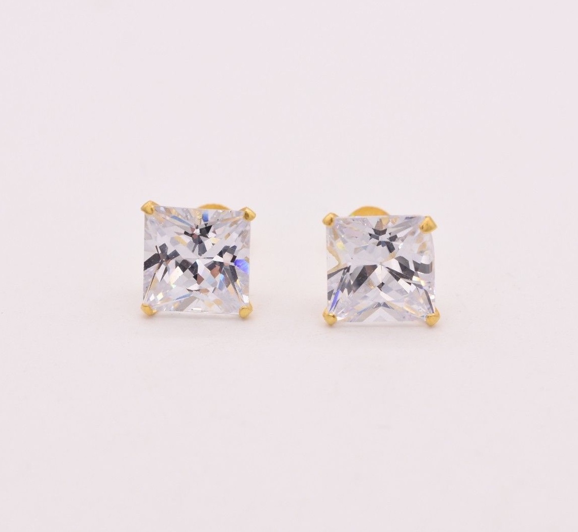 CZ Prong Set Princess Stud Earrings 14K Yellow Gold-Plated Sterling Silver 925