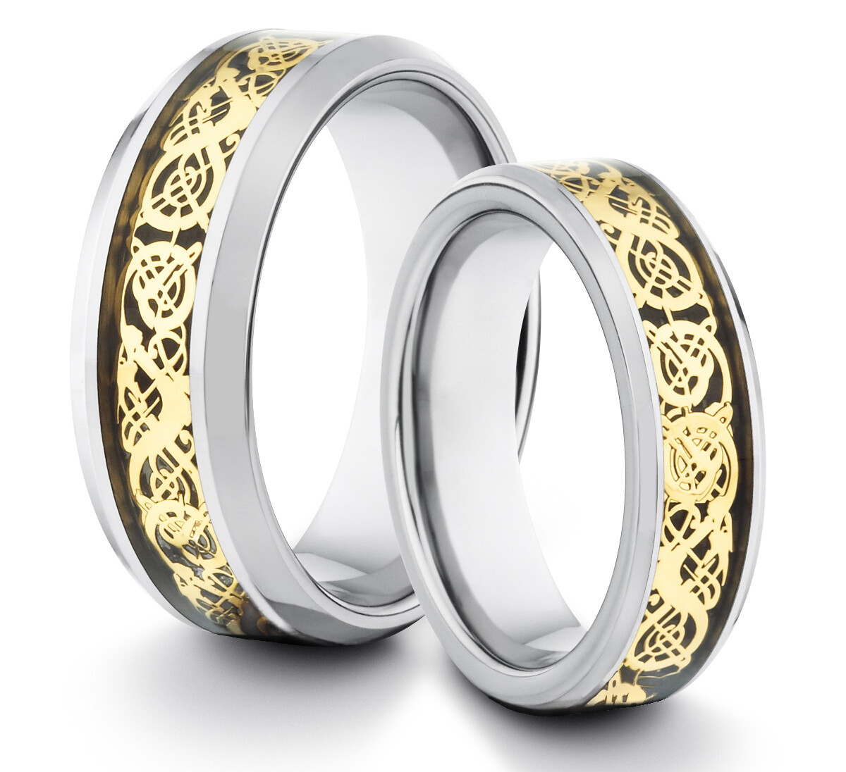 HIS & HERS 8MM/6MM Tungsten Asian Dragon Comfort Fit Wedding Band TWO RING SET