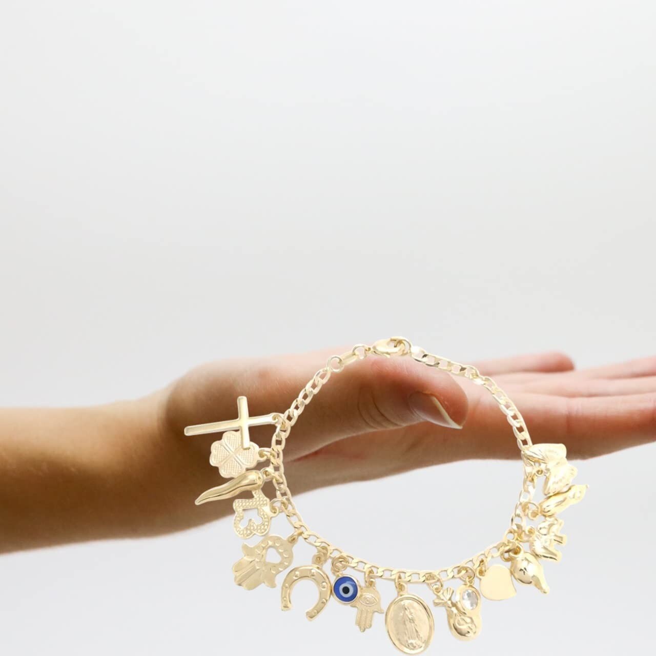 Lucky Charm Bracelet 7” Adjustable, Gold Filled Italian Horn,Butterfly,Elephant