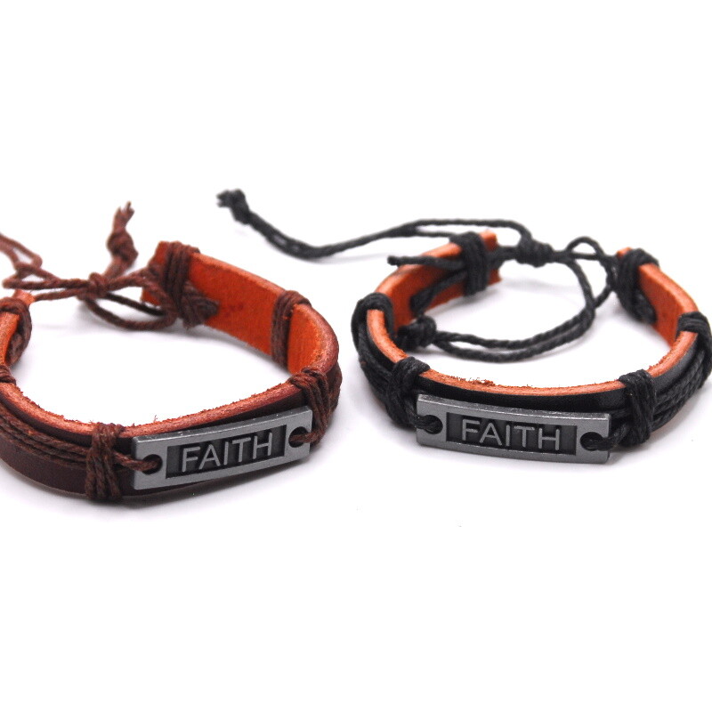 Faith Engraved Gold Silver Leather Brown Black Bracelet Adjustable