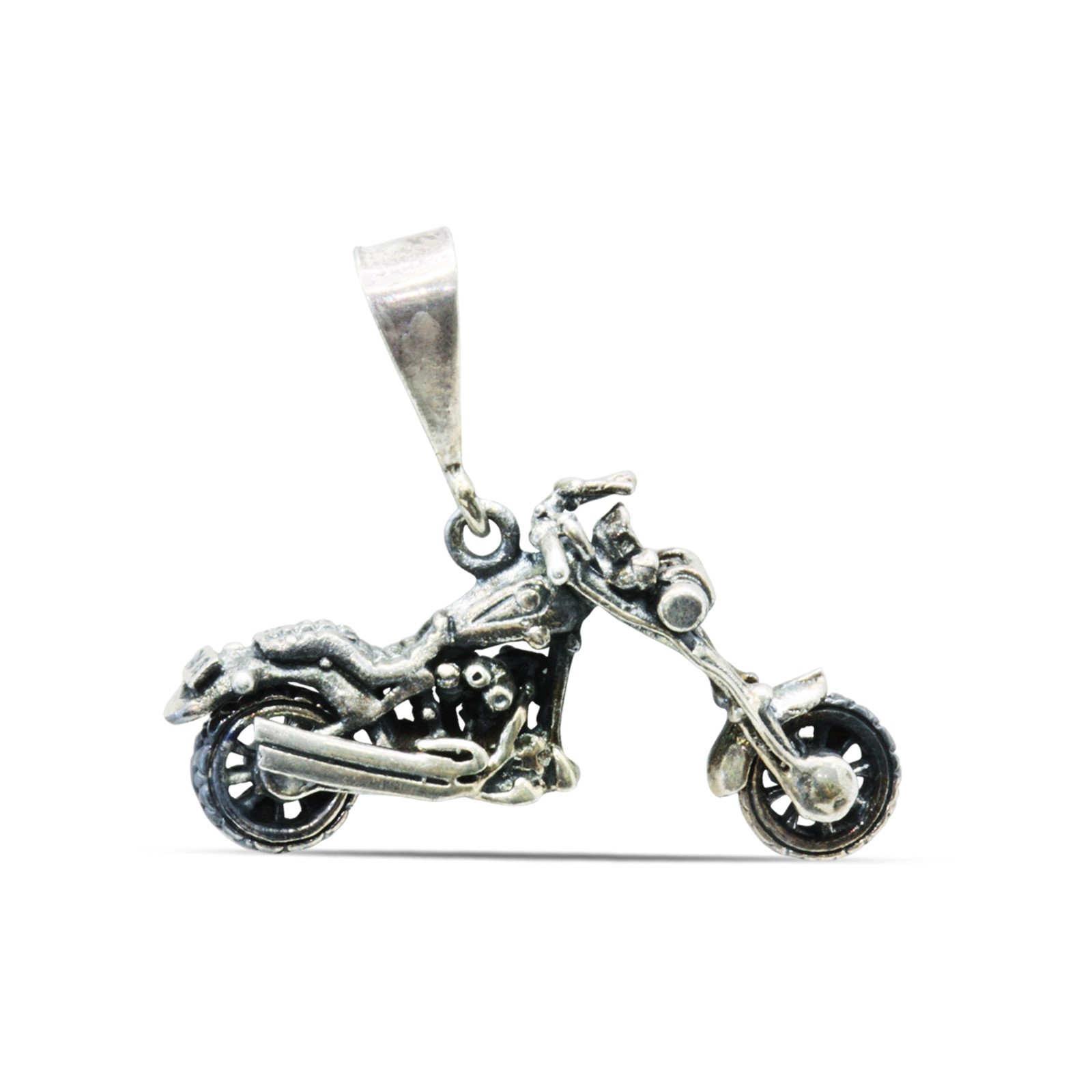 Antiqued Motorcycle Chopper Biker 3D Pendant .925 Sterling Silver