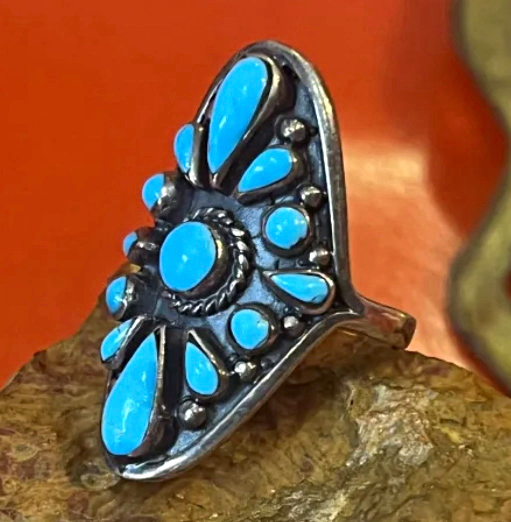 70s VTG 925 Sterling Silver Turquoise Cluster Sunburst Statement Ring Size 8.25