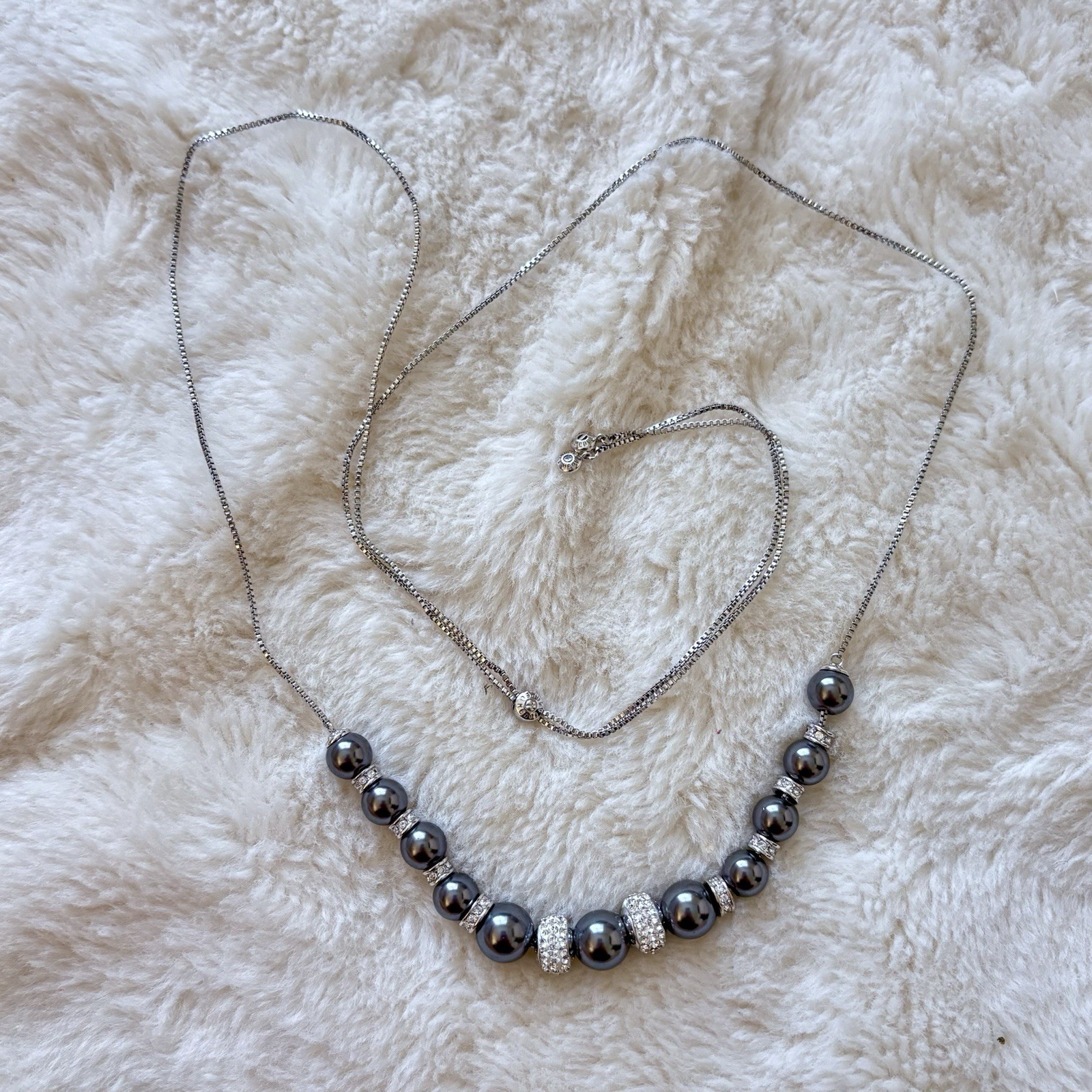Vintage Henri Bendel Hematite Bead Crystal Pave Adjustable Bolo Necklace Silver