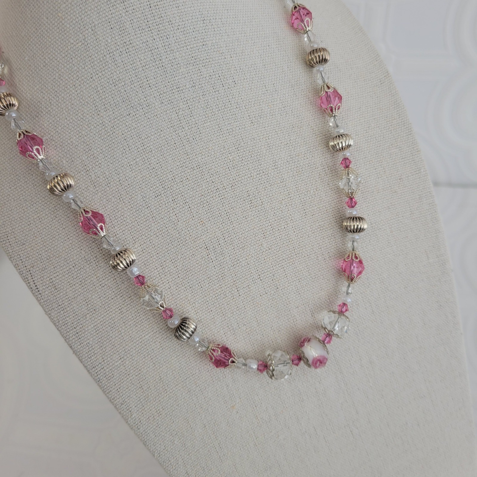 Lampwork Beaded Necklace Pink Crystal Floral Silver Tone Magnetic Clasp 18 Inch