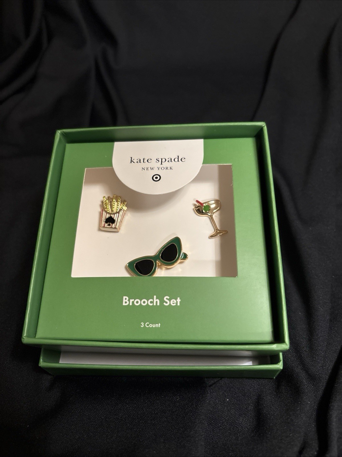 KATE SPADE X TARGET BROOCH SET/ three pins. French Fries Champagne & sunglasse