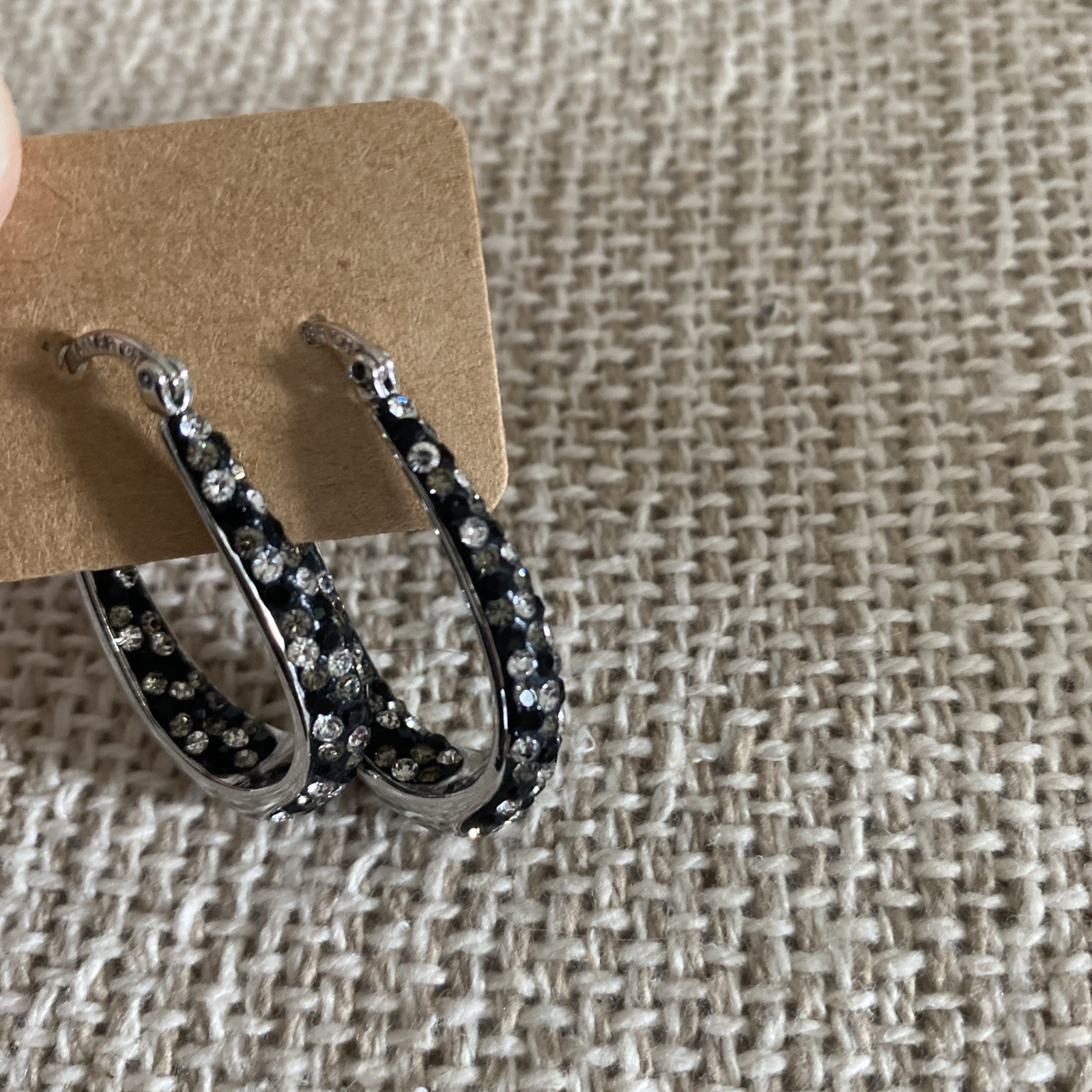 ATI BR CH Earrings Silver Black Gray Rhinestones Oval Hoop Dangle Drop Sparkly