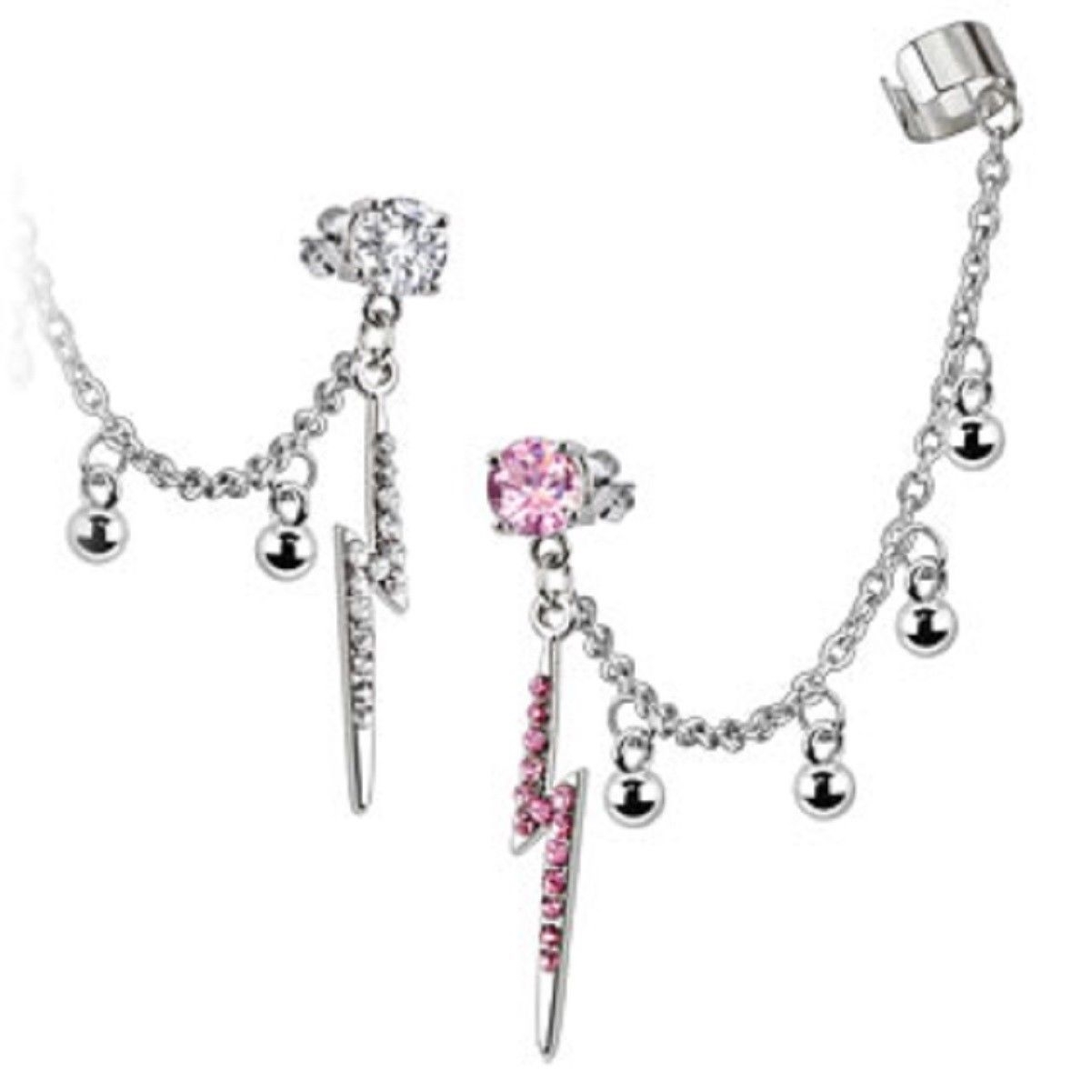 316L Surgical Steel Stud Dangle Thunder Bolt with Chain Linked End Cuff Clip On