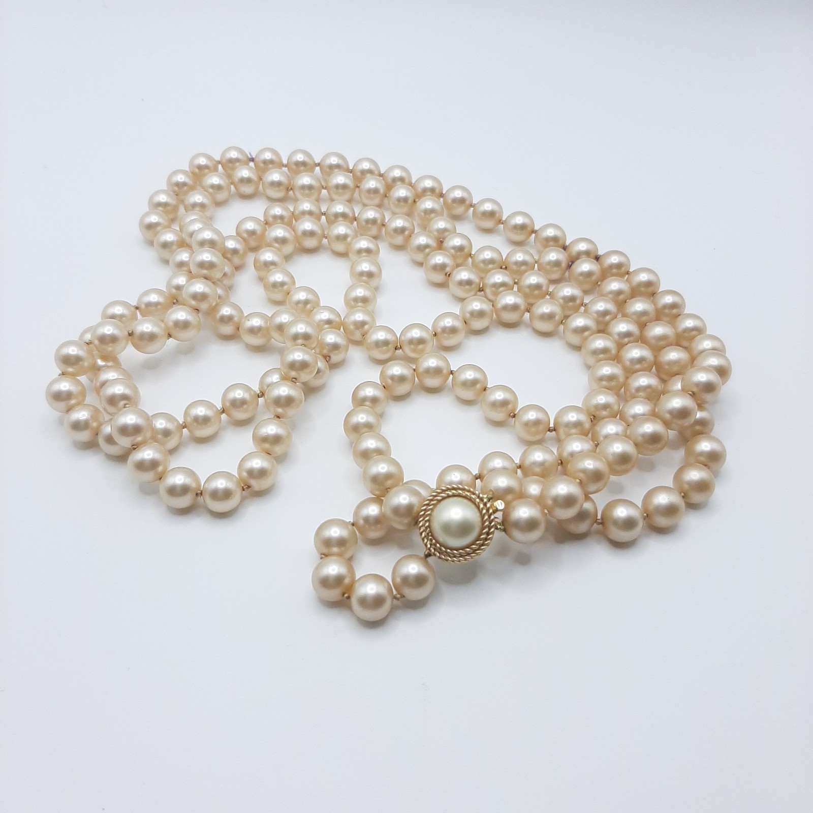 Crown Trifari Vintage MCM Multistrand Faux Ivory Pearl Necklace Cabochon Clasp