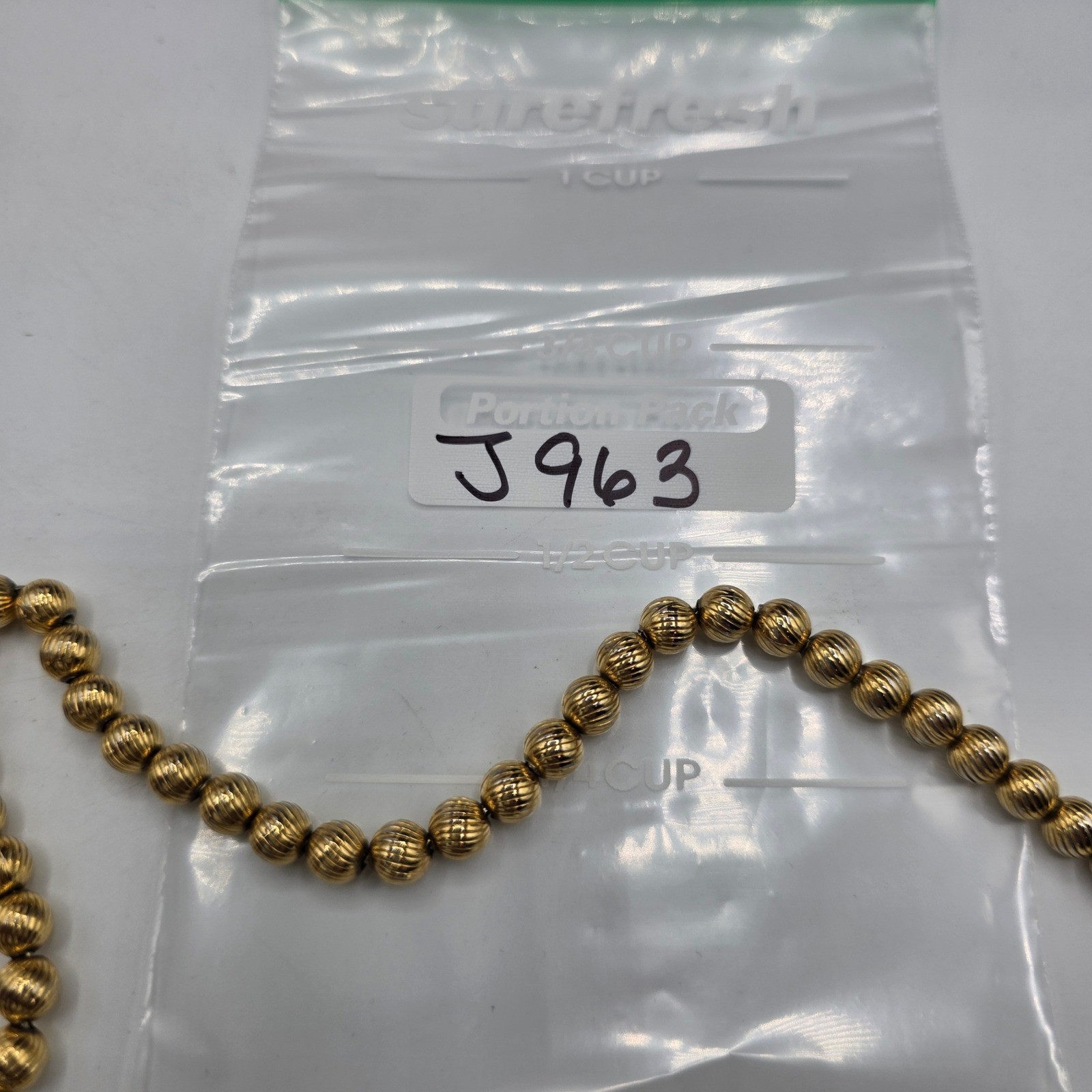 Monet Vintage Gold Tone Ribbed Bead Necklace Textured Round Strand 27 Inch