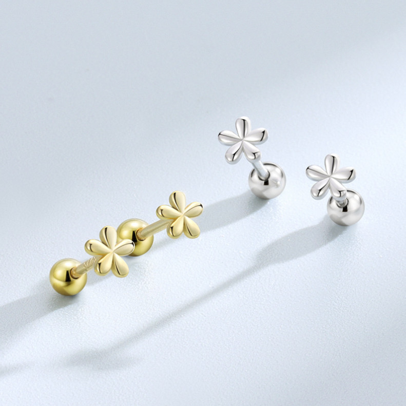 Petal Small Flower Bead Screw Back 925 Sterling Silver Stud Earrings F16