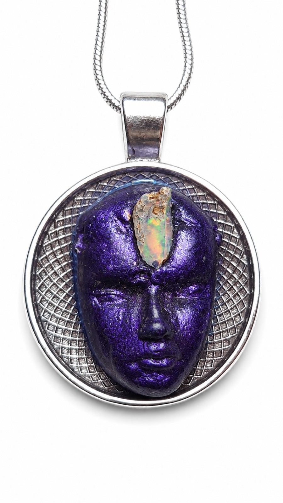 Purple Face Pendant Necklace with Iridescent Opal-Look Inlay Round Charm