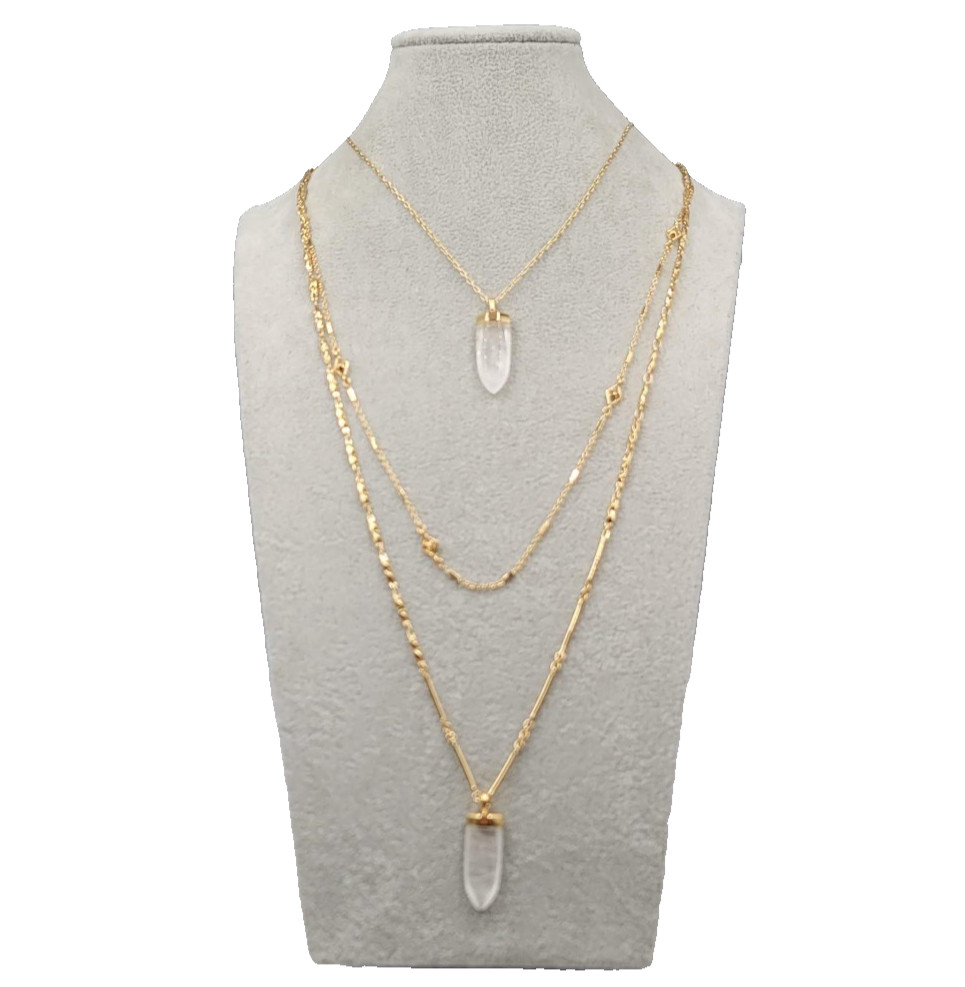 Stella & Dot Natural Quartz Pendant Necklace Gold tone Triple Chain Long