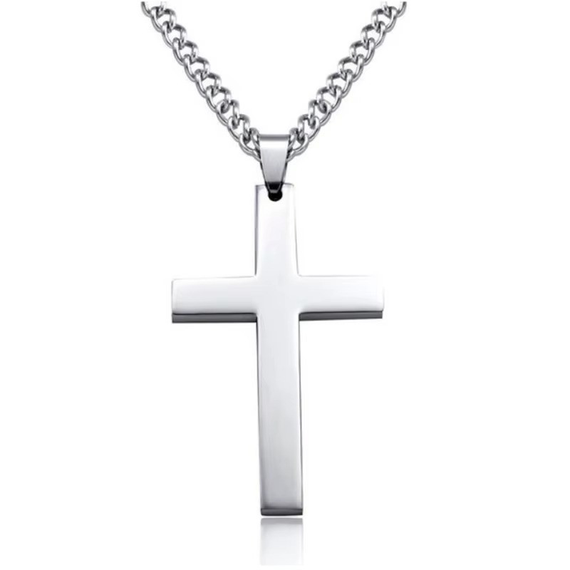 Men’s Cross Pendant Necklace Silver Chain Stainless Steel Figaro Necklace