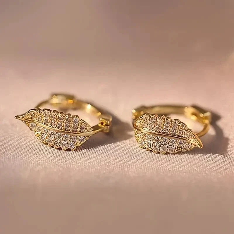 2 Ct Round Simulated Diamond Women’s Leaf Hoop Earrings 14k Yellow Gold Plated
