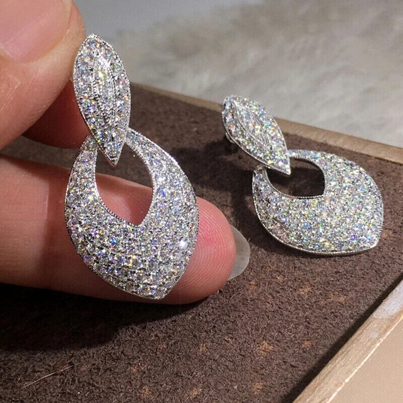 14K White Gold Plated 2.50Ct Round Simulated Diamond Pretty Drop Dangle Earrings