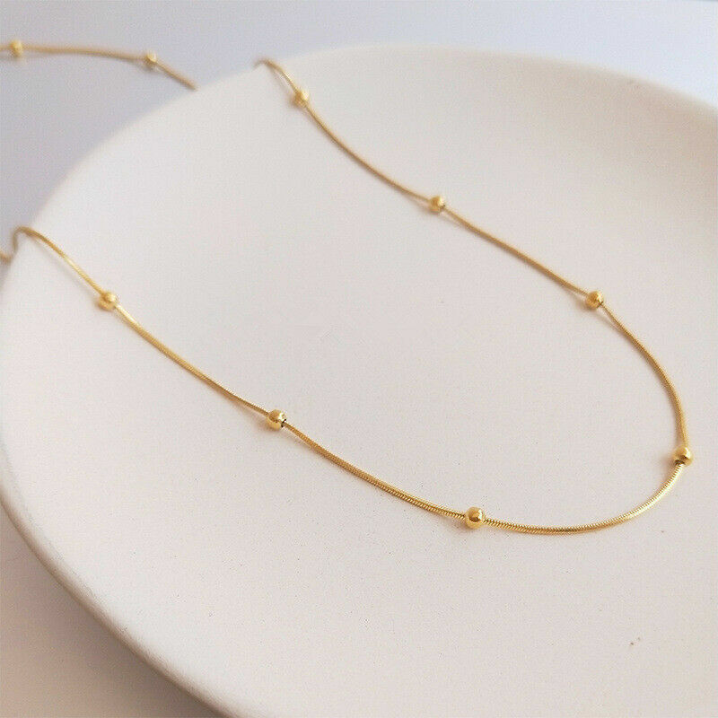18K Gold Stainless Steel Station Bead Ball Snake Chain Choker Necklace 18″ PE44