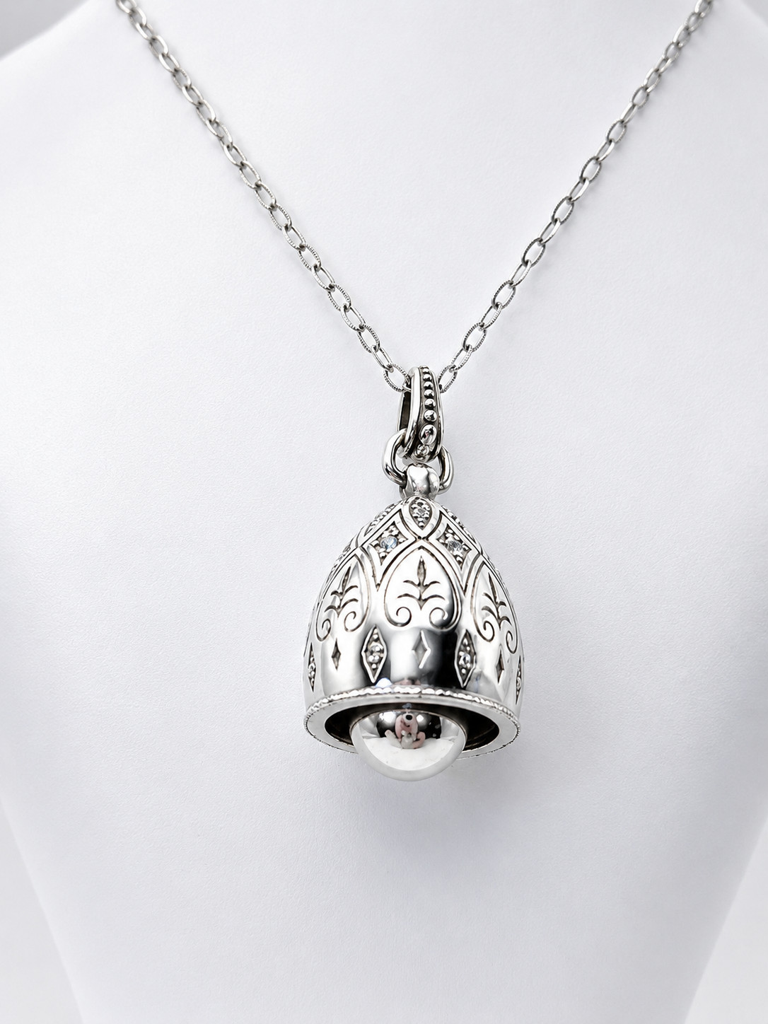 Brighton Necklace Silver Tone Bell Pendant Rhinestone Filigree Chain Statement